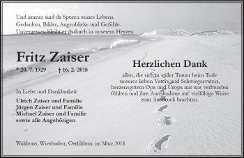 Traueranzeige von Fritz Zaiser von Trauerportal Rhein Main Presse