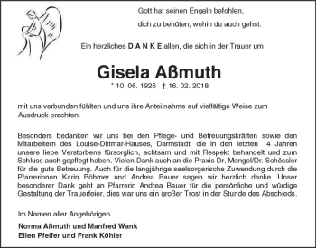 Traueranzeige von Gisela Aßmuth von Trauerportal Rhein Main Presse