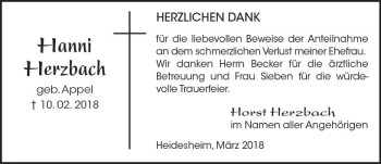 Traueranzeige von Hanni Herzbach von Trauerportal Rhein Main Presse