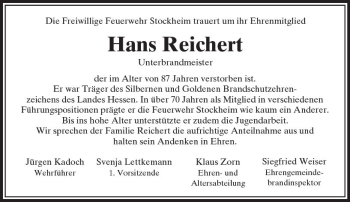 Traueranzeige von Hans Reichert von  Kreisanzeiger