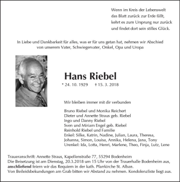 Traueranzeige von Hans Riebel von Trauerportal Rhein Main Presse