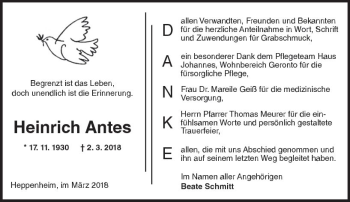 Traueranzeige von Heinrich Antes von Trauerportal Rhein Main Presse