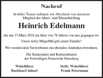 Traueranzeige von Heinrich Edelmann von Trauerportal Rhein Main Presse