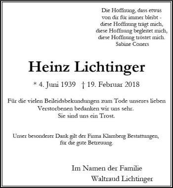 Traueranzeige von Heinz Lichtinger von Trauerportal Rhein Main Presse