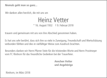 Traueranzeige von Heinz Vetter von Trauerportal Rhein Main Presse
