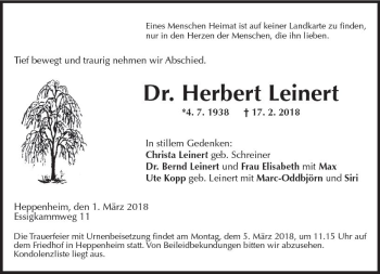 Traueranzeige von Herbert Leinert von Trauerportal Rhein Main Presse