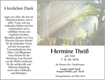 Traueranzeige von Hermine Theiß von  Kreisanzeiger