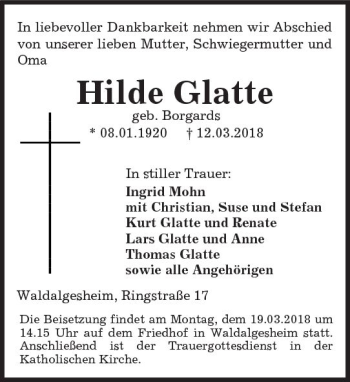 Traueranzeige von Hilde Glatte von Trauerportal Rhein Main Presse