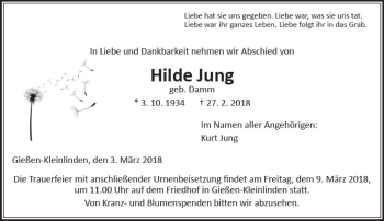 Traueranzeige von Hilde Jung von  Gießener Anzeiger