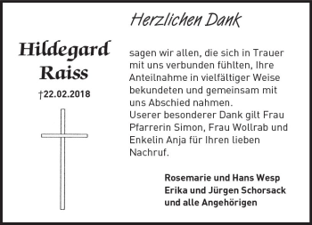 Traueranzeige von Hildegard Raiss von Trauerportal Rhein Main Presse