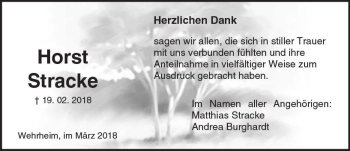 Traueranzeige von Horst Stracke von  Usinger Anzeiger