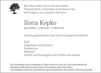 Traueranzeige von Ilona Kepke von Trauerportal Rhein Main Presse
