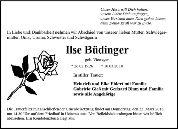 Traueranzeige von Ilse Büdinger von Trauerportal Rhein Main Presse