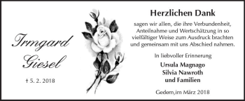 Traueranzeige von Irmgard Giesel von  Kreisanzeiger