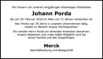 Traueranzeige von Johann Porda von Trauerportal Rhein Main Presse