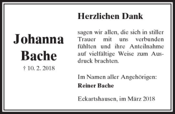 Traueranzeige von Johanna Bache von  Kreisanzeiger