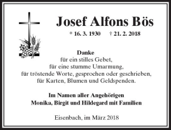 Traueranzeige von Josef Alfons Bös von  Camberger Anzeiger