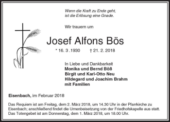 Traueranzeige von Josef Alfons Bös von  Camberger Anzeiger