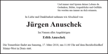Traueranzeige von Jürgen Anuschek von Trauerportal Rhein Main Presse