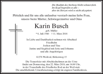 Traueranzeige von Karin Busch von  Usinger Anzeiger