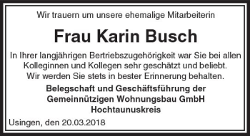 Traueranzeige von Karin Busch von  Usinger Anzeiger