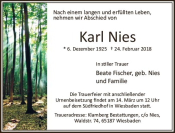 Traueranzeige von Karl Nies von Trauerportal Rhein Main Presse