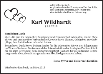 Traueranzeige von Karl Wildhardt von Trauerportal Rhein Main Presse