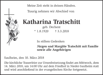 Traueranzeige von Katharina Tratschitt von Trauerportal Rhein Main Presse