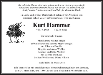 Traueranzeige von Kurt Hammer von  Usinger Anzeiger