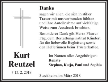Traueranzeige von Kurt Reutzel von  Kreisanzeiger