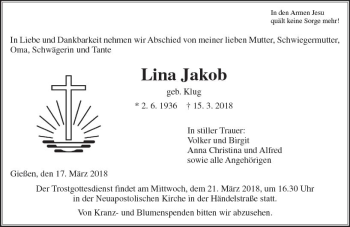 Traueranzeige von Lina Jakob von  Gießener Anzeiger