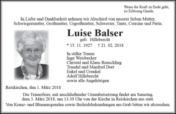 Traueranzeige von Luise Balser von  Gießener Anzeiger