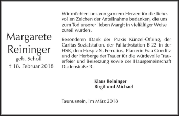 Traueranzeige von Margarete Reininger von Trauerportal Rhein Main Presse