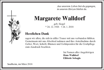 Traueranzeige von Margarete Walldorf von Trauerportal Rhein Main Presse