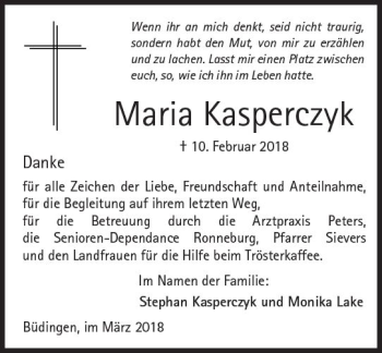 Traueranzeige von Maria Kasperczyk von  Kreisanzeiger