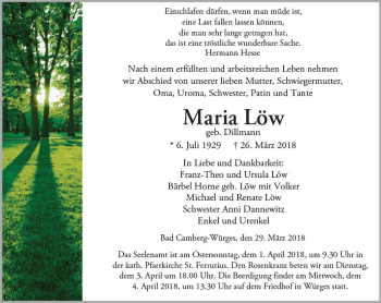 Traueranzeige von Maria Löw von  Camberger Anzeiger