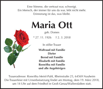 Traueranzeige von Maria Ott von Trauerportal Rhein Main Presse