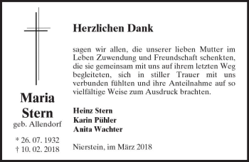 Traueranzeige von Maria Stern von Trauerportal Rhein Main Presse