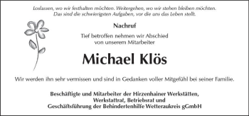 Traueranzeige von Michael Klös von  Kreisanzeiger