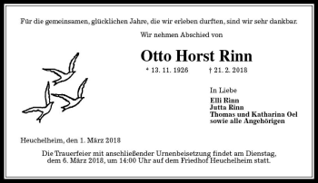 Traueranzeige von Otto Horst Rinn von  Gießener Anzeiger