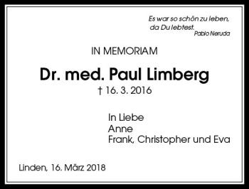 Traueranzeige von Paul Limberg von  Gießener Anzeiger