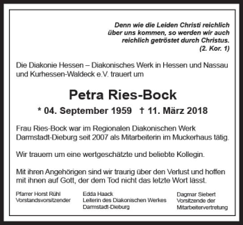 Traueranzeige von Petra Ries-Bock von Trauerportal Rhein Main Presse