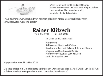 Traueranzeige von Rainer Klitzsch von Trauerportal Rhein Main Presse