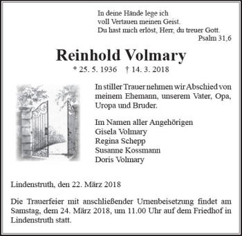 Traueranzeige von Reinhold Volmary von  Gießener Anzeiger