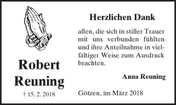 Traueranzeige von Robert Reuning von  Kreisanzeiger