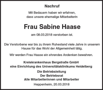 Traueranzeige von Sabine Haase von Trauerportal Rhein Main Presse