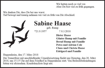 Traueranzeige von Sabine Haase von Trauerportal Rhein Main Presse