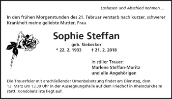Traueranzeige von Sophie Steffan von Trauerportal Rhein Main Presse