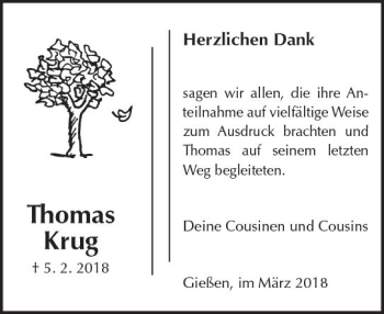 Traueranzeige von Thomas Krug von  Gießener Anzeiger
