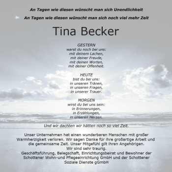Traueranzeige von Tina Becker von  Kreisanzeiger